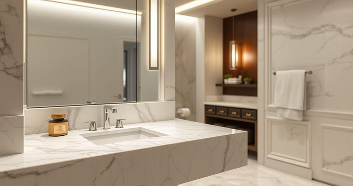 Bancada de m&aacute;rmore para banheiro traz eleg&acirc;ncia e durabilidade